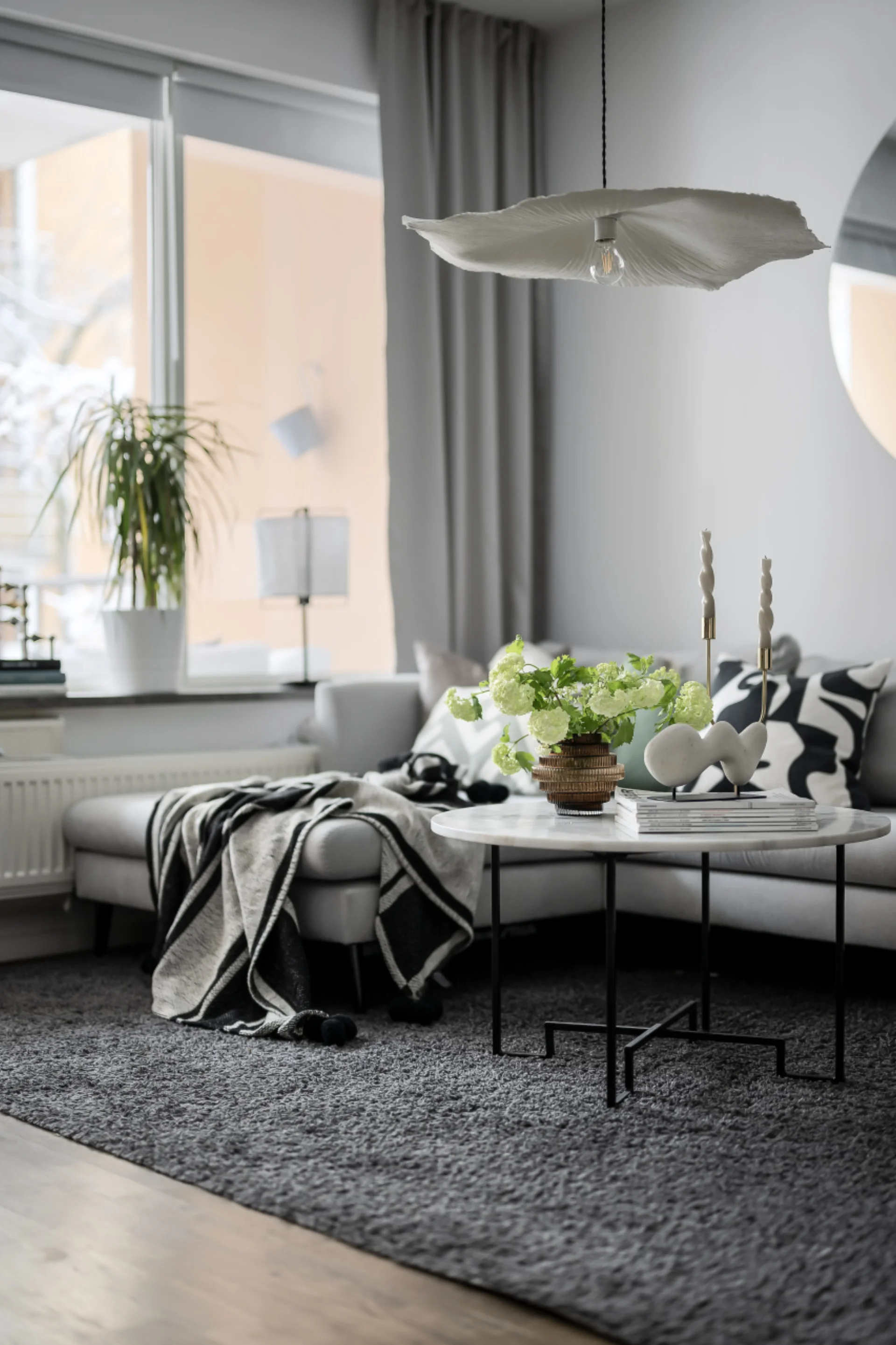 Stylish living room in muted color palette